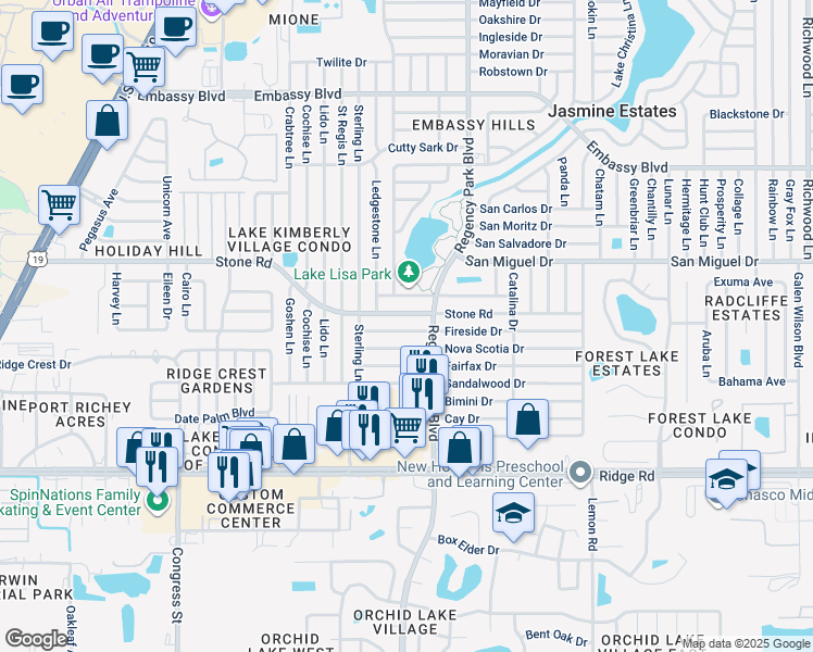 map of restaurants, bars, coffee shops, grocery stores, and more near 7027 Fireside Drive in Port Richey