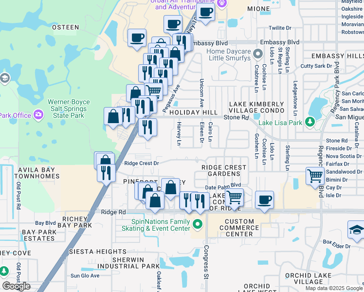 map of restaurants, bars, coffee shops, grocery stores, and more near 8828 Harvey Lane in Port Richey
