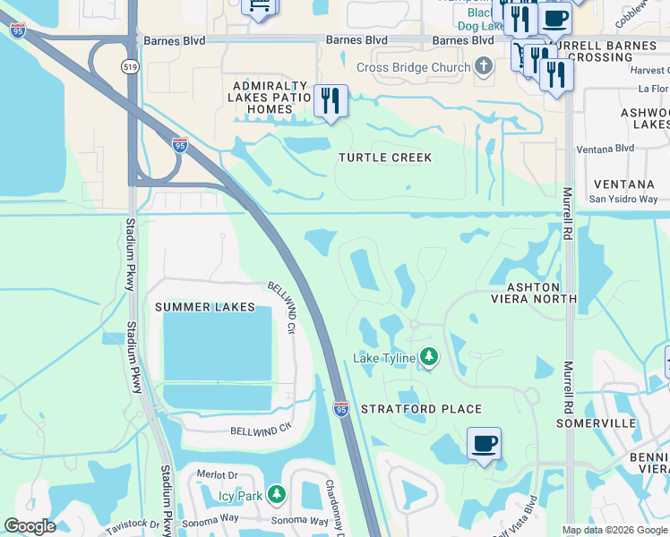 map of restaurants, bars, coffee shops, grocery stores, and more near 4321 Aberdeen Circle in Rockledge
