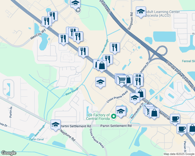 map of restaurants, bars, coffee shops, grocery stores, and more near Liberty Commons Blvd in Kissimmee
