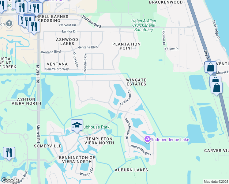 map of restaurants, bars, coffee shops, grocery stores, and more near 4468 Heaton Park Trail in Rockledge