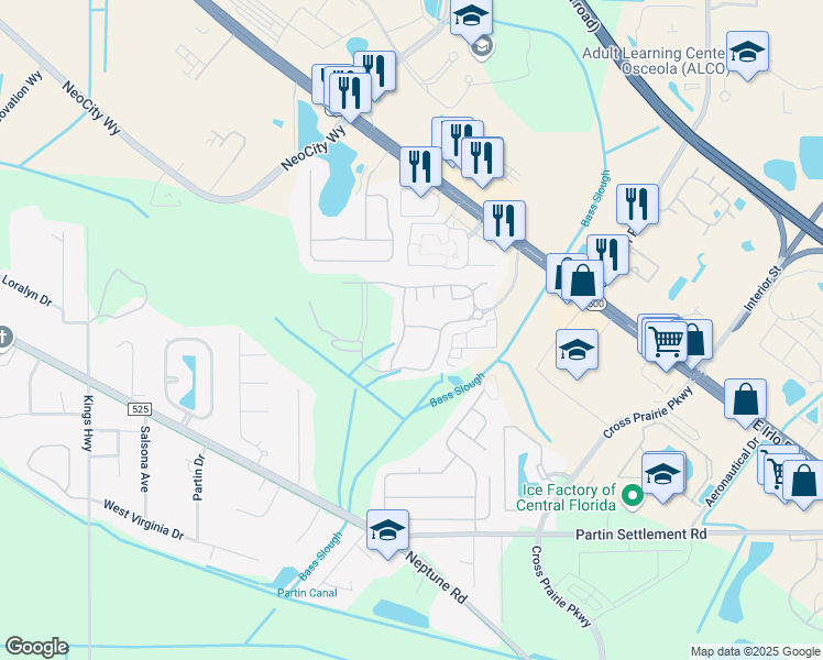 map of restaurants, bars, coffee shops, grocery stores, and more near 684 Cornerstone Drive in Kissimmee
