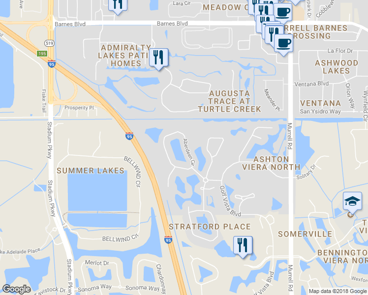 map of restaurants, bars, coffee shops, grocery stores, and more near 4540 Aberdeen Circle in Rockledge