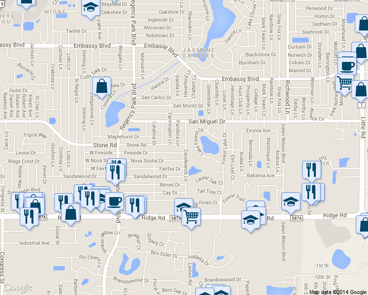 map of restaurants, bars, coffee shops, grocery stores, and more near 7434 Stone Road in Port Richey
