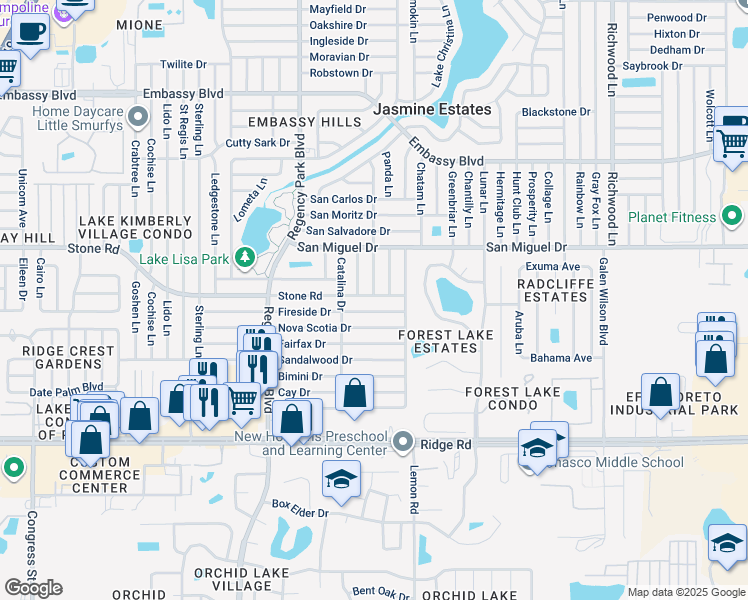 map of restaurants, bars, coffee shops, grocery stores, and more near 7350 Stone Road in Port Richey