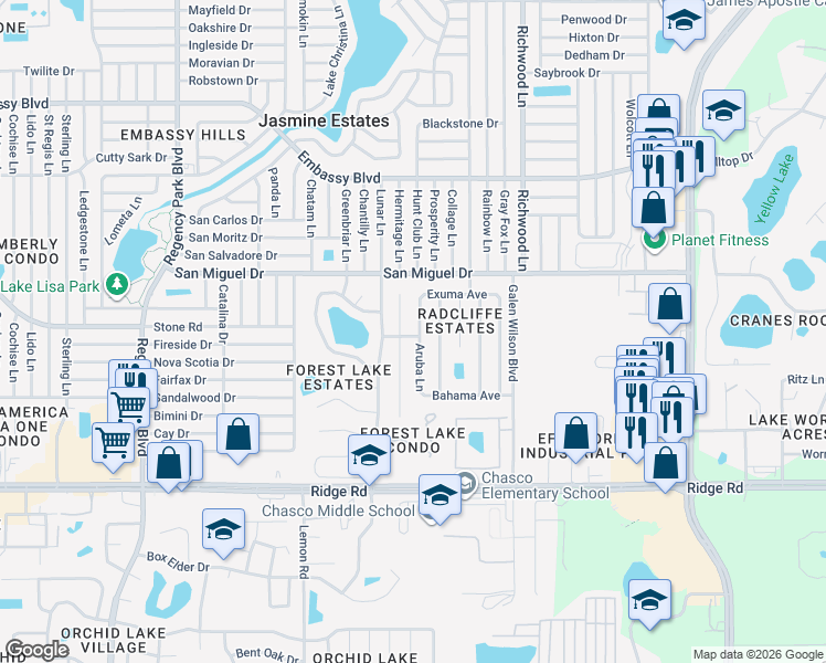 map of restaurants, bars, coffee shops, grocery stores, and more near 8822 Aruba Lane in Port Richey