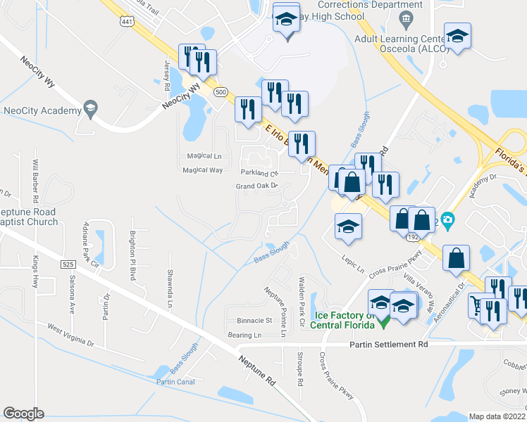 map of restaurants, bars, coffee shops, grocery stores, and more near 2074 Heritage key Boulevard in Kissimmee