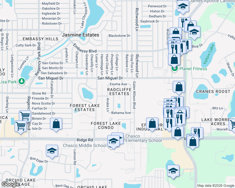 map of restaurants, bars, coffee shops, grocery stores, and more near 8822 Greenleaf Court in Port Richey