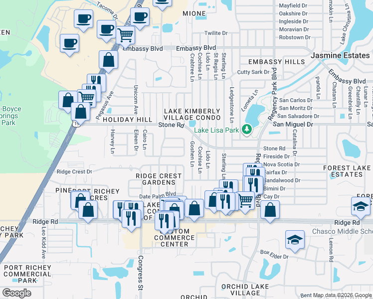 map of restaurants, bars, coffee shops, grocery stores, and more near 6651 Lenoir Drive in Port Richey