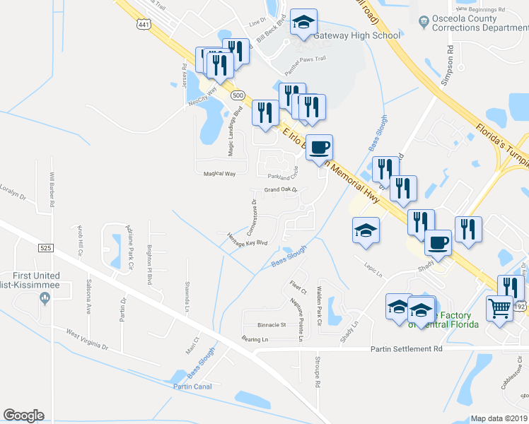 map of restaurants, bars, coffee shops, grocery stores, and more near 2030 Piedmont Lane in Kissimmee