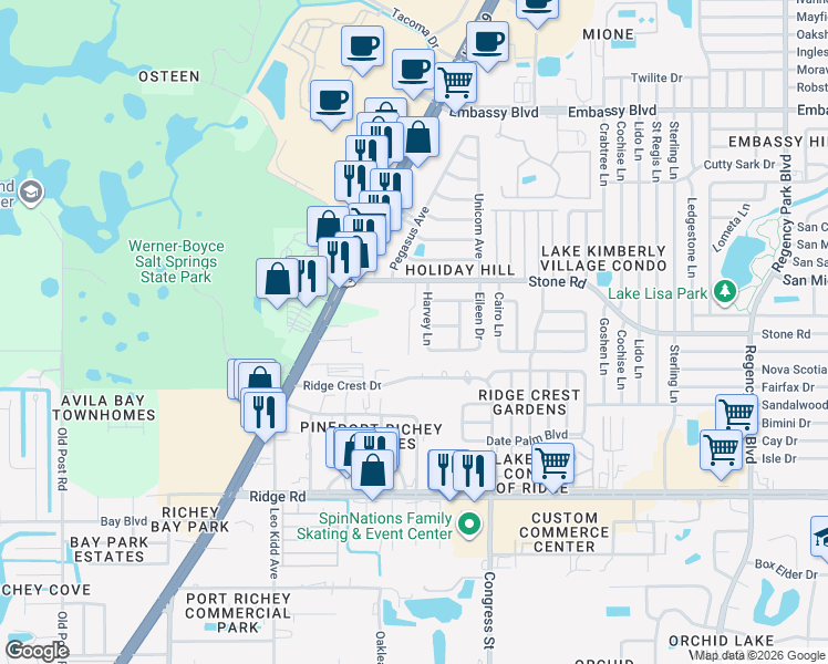 map of restaurants, bars, coffee shops, grocery stores, and more near 8825 Harvey Lane in Port Richey