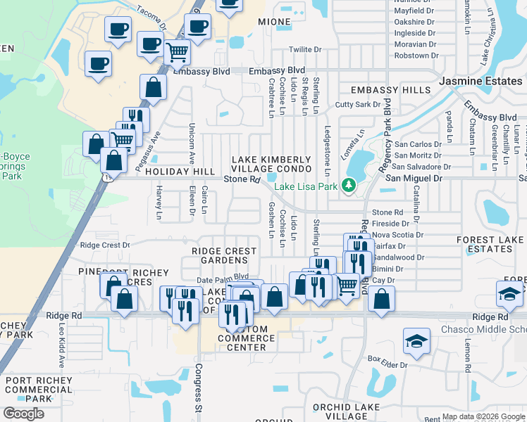 map of restaurants, bars, coffee shops, grocery stores, and more near 6651 Lenoir Drive in Port Richey