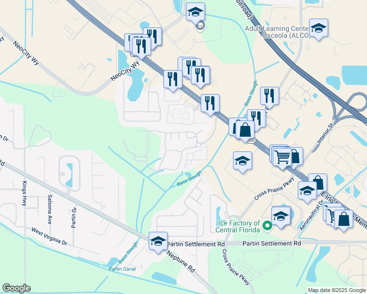 map of restaurants, bars, coffee shops, grocery stores, and more near 2030 Piedmont Lane in Kissimmee