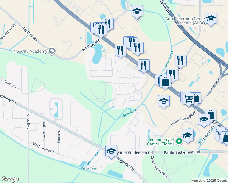 map of restaurants, bars, coffee shops, grocery stores, and more near 646 Cornerstone Drive in Kissimmee