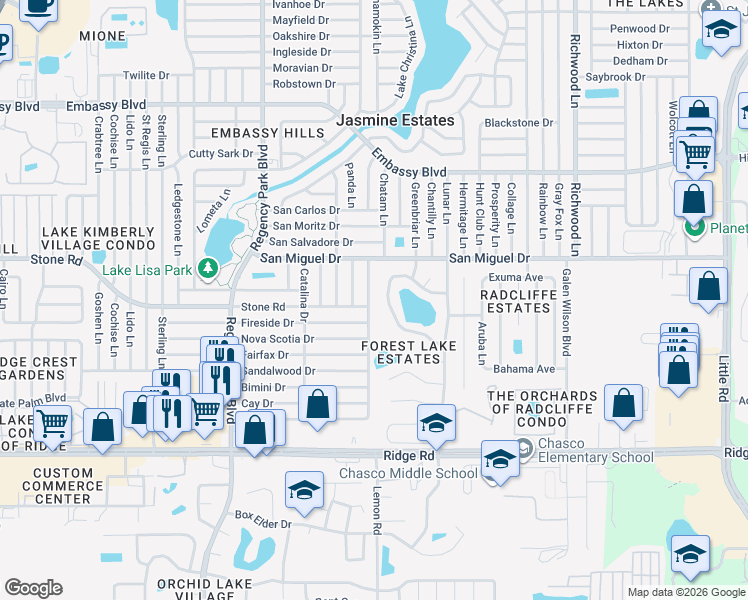 map of restaurants, bars, coffee shops, grocery stores, and more near 7502 Lake Forest Circle in Port Richey