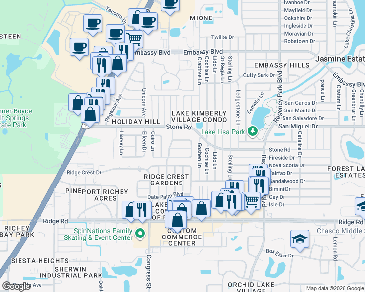 map of restaurants, bars, coffee shops, grocery stores, and more near 6651 Tripoli Way in Port Richey