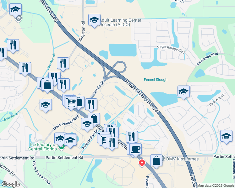 map of restaurants, bars, coffee shops, grocery stores, and more near 233 Academy Drive in Kissimmee