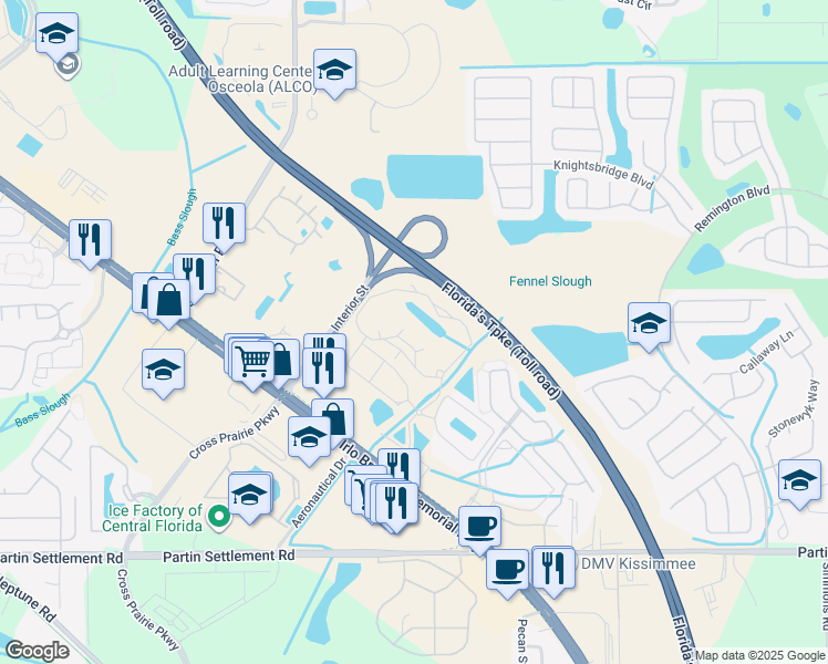map of restaurants, bars, coffee shops, grocery stores, and more near 233 Academy Drive in Kissimmee