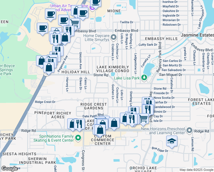 map of restaurants, bars, coffee shops, grocery stores, and more near 6651 Tripoli Way in Port Richey