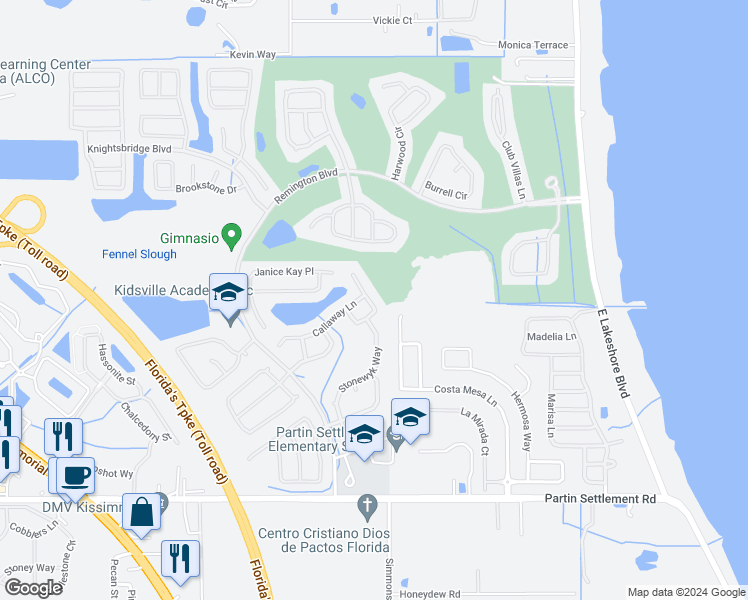 map of restaurants, bars, coffee shops, grocery stores, and more near 630 Chadbury Way in Kissimmee