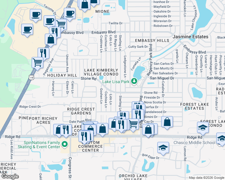 map of restaurants, bars, coffee shops, grocery stores, and more near 8923 Saint Regis Lane in Port Richey