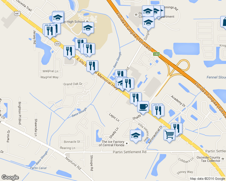 map of restaurants, bars, coffee shops, grocery stores, and more near Liberty Commons Boulevard in Kissimmee