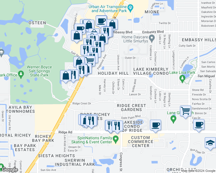 map of restaurants, bars, coffee shops, grocery stores, and more near 6347 Nearco Drive in Port Richey