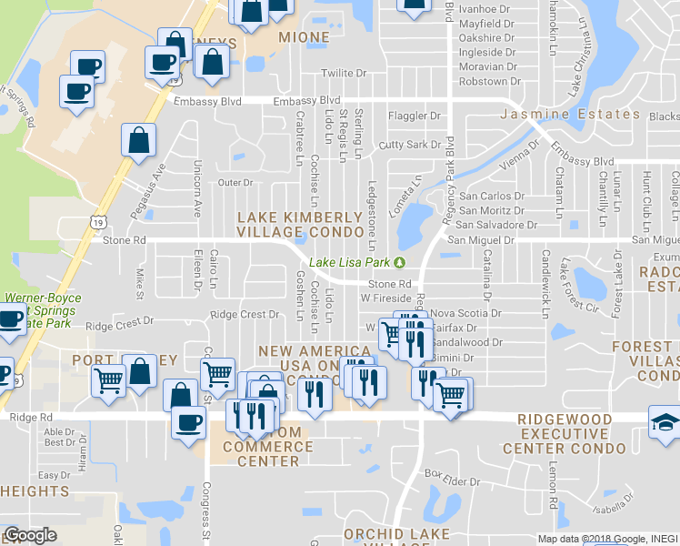 map of restaurants, bars, coffee shops, grocery stores, and more near 8903 Saint Regis Lane in Port Richey