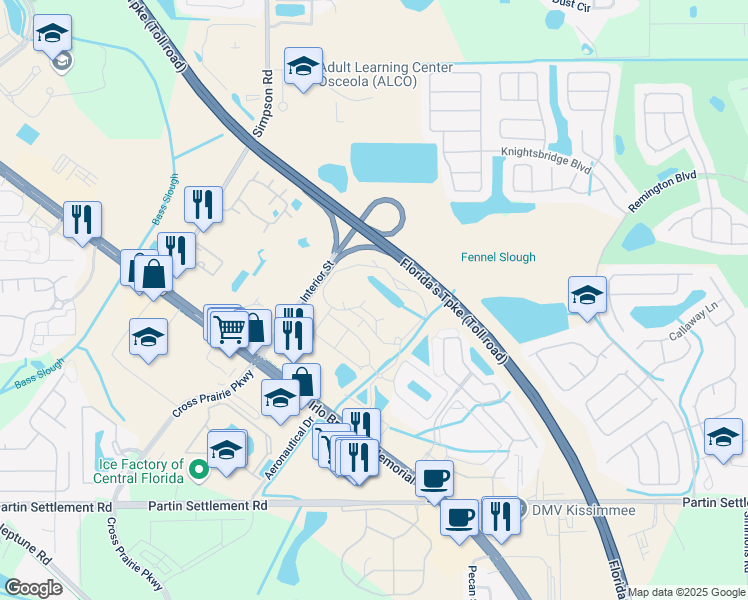 map of restaurants, bars, coffee shops, grocery stores, and more near 233 Academy Drive in Kissimmee