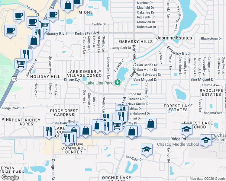 map of restaurants, bars, coffee shops, grocery stores, and more near 8925 Ledgestone Lane in Port Richey