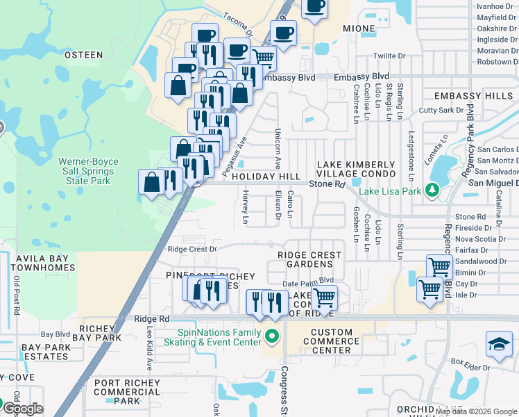 map of restaurants, bars, coffee shops, grocery stores, and more near 6410 Nashua Drive in Port Richey