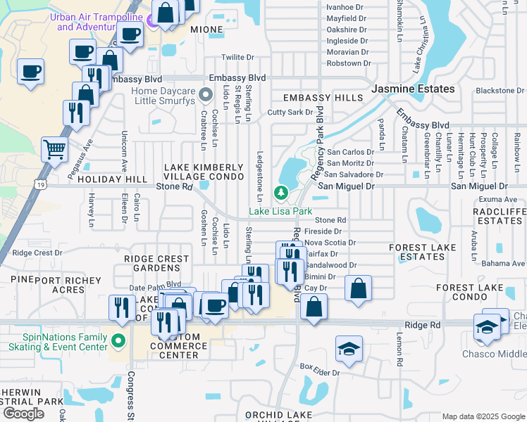 map of restaurants, bars, coffee shops, grocery stores, and more near 6950 Maplehurst Drive in Port Richey