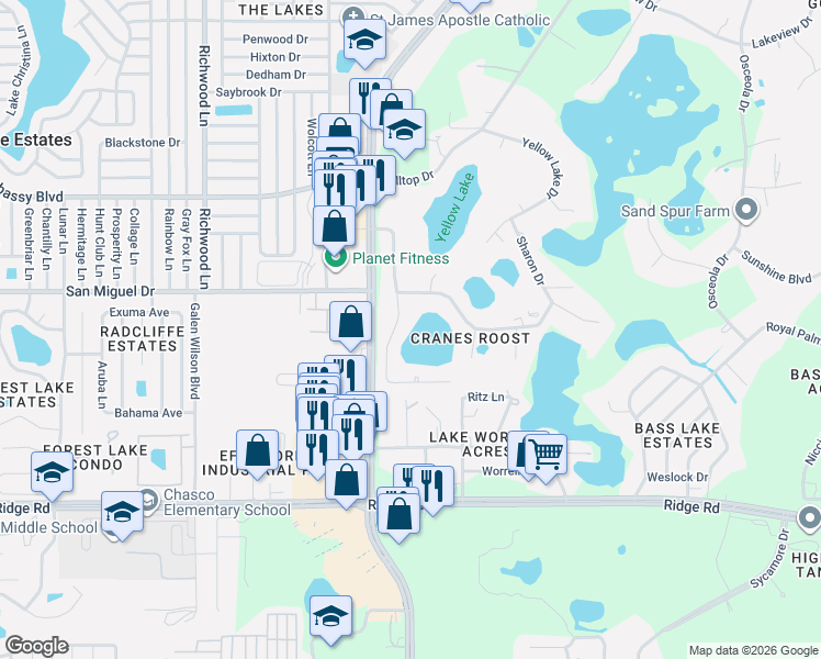 map of restaurants, bars, coffee shops, grocery stores, and more near 8924 Planters Lane in New Port Richey