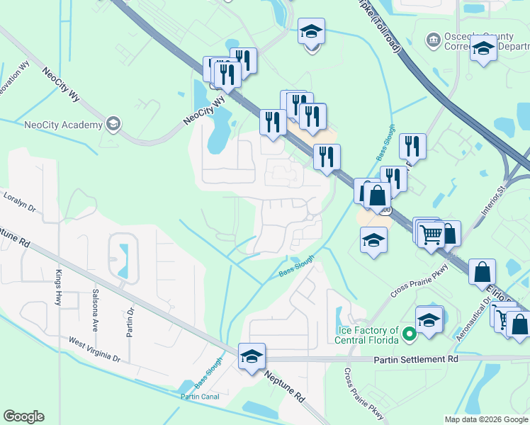 map of restaurants, bars, coffee shops, grocery stores, and more near 627 Cornerstone Drive in Kissimmee