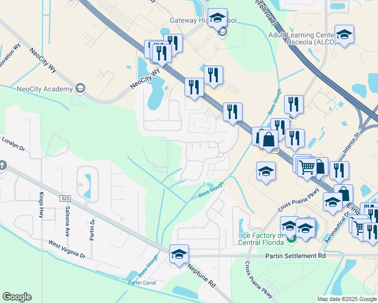 map of restaurants, bars, coffee shops, grocery stores, and more near 627 Cornerstone Drive in Kissimmee