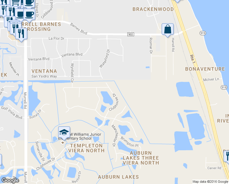 map of restaurants, bars, coffee shops, grocery stores, and more near 1235 Clubhouse Drive in Rockledge