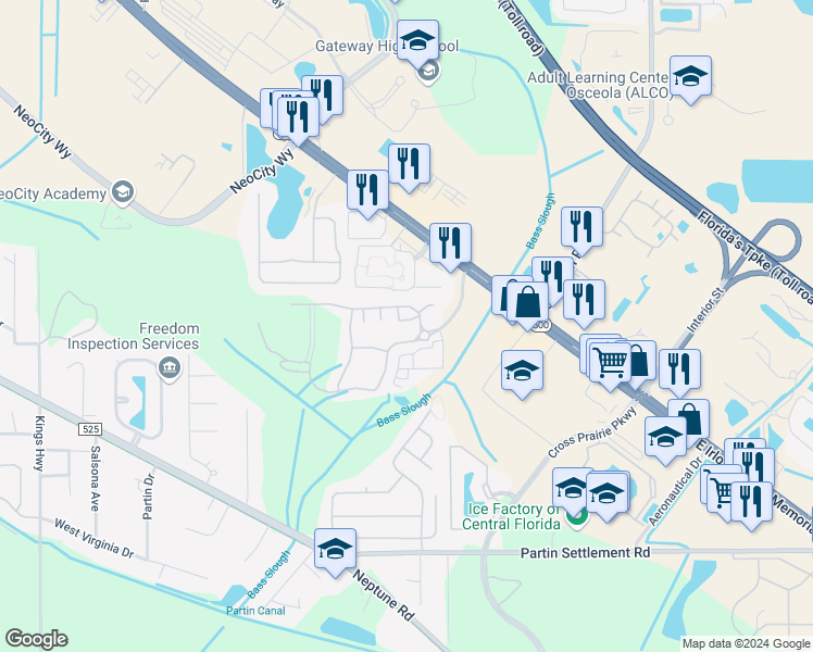 map of restaurants, bars, coffee shops, grocery stores, and more near 2051 Grand Oak Drive in Kissimmee