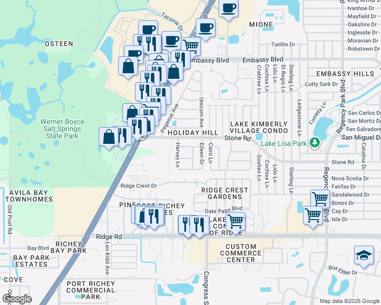 map of restaurants, bars, coffee shops, grocery stores, and more near 8915 Chilton Drive in Port Richey