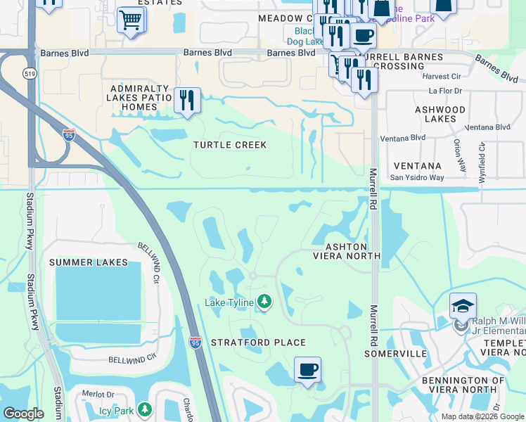 map of restaurants, bars, coffee shops, grocery stores, and more near 4255 Woodhall Circle in Rockledge