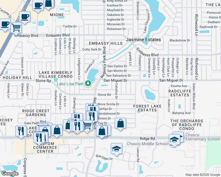 map of restaurants, bars, coffee shops, grocery stores, and more near 7231 Maplehurst Drive in Port Richey