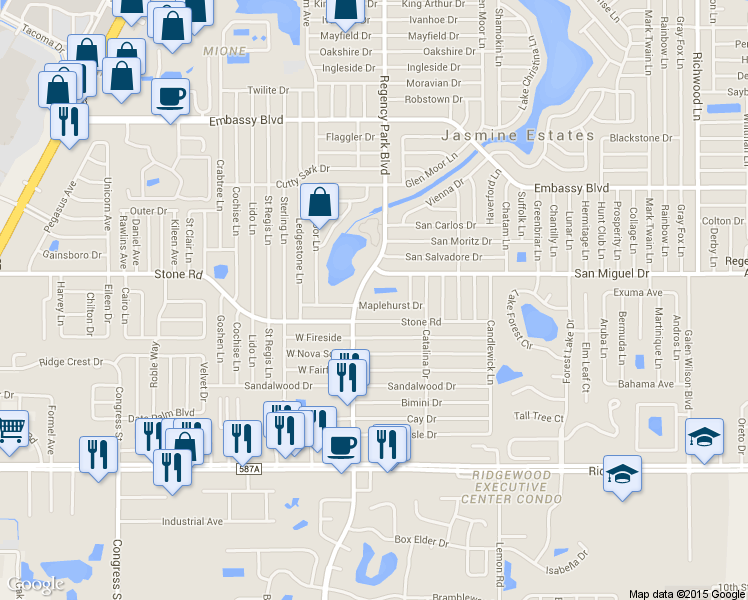 map of restaurants, bars, coffee shops, grocery stores, and more near 7141 Maplehurst Drive in Port Richey