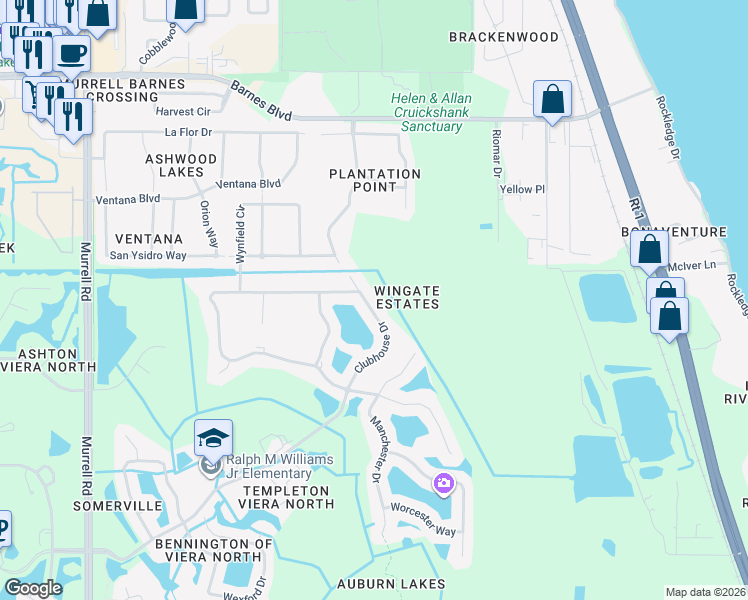 map of restaurants, bars, coffee shops, grocery stores, and more near 1235 Clubhouse Drive in Rockledge