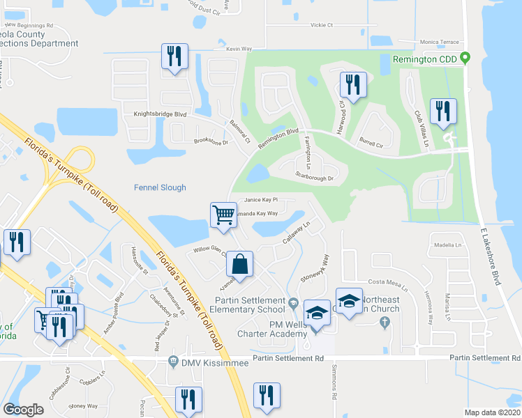 map of restaurants, bars, coffee shops, grocery stores, and more near 2717 Amanda Kay Way in Kissimmee
