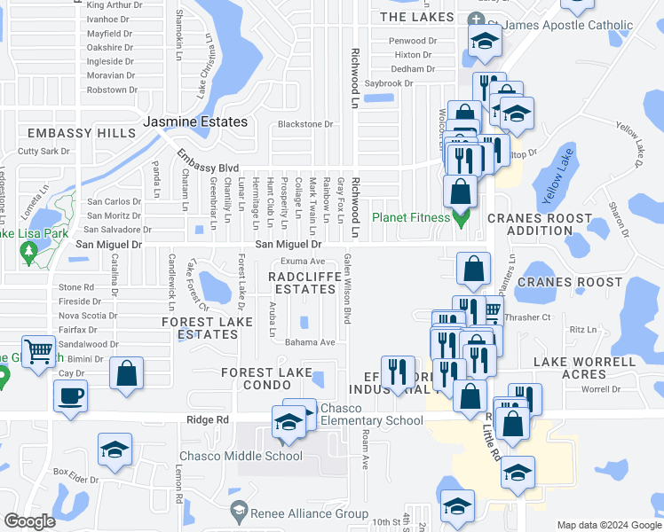 map of restaurants, bars, coffee shops, grocery stores, and more near 8921 Andros Lane in Port Richey