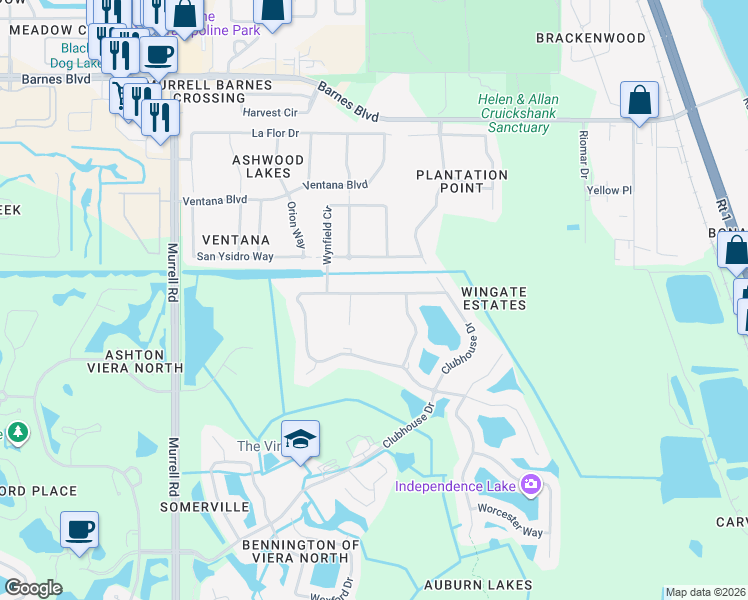 map of restaurants, bars, coffee shops, grocery stores, and more near 2018 Auburn Lakes Drive in Rockledge