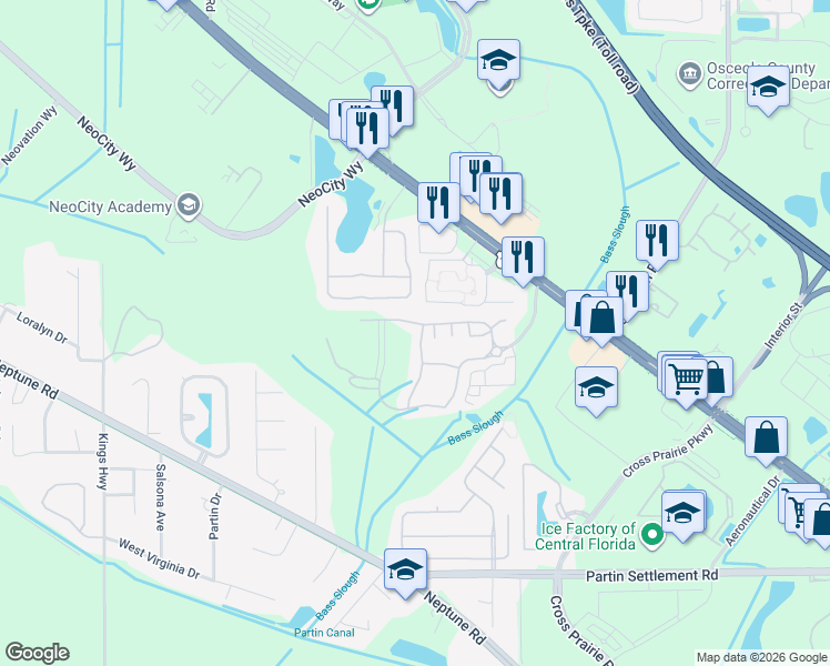 map of restaurants, bars, coffee shops, grocery stores, and more near 604 Cornerstone Drive in Kissimmee