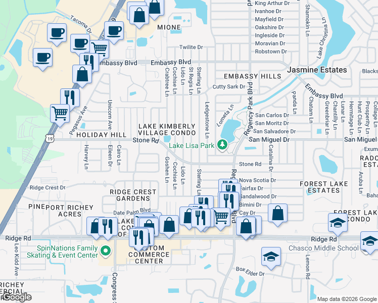 map of restaurants, bars, coffee shops, grocery stores, and more near 8923 Saint Regis Lane in Port Richey