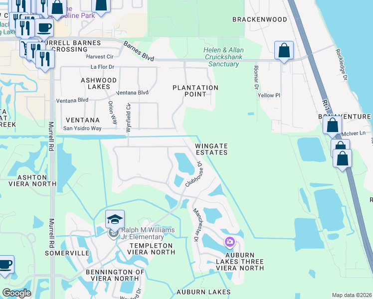 map of restaurants, bars, coffee shops, grocery stores, and more near 1176 Clubhouse Dr in Rockledge