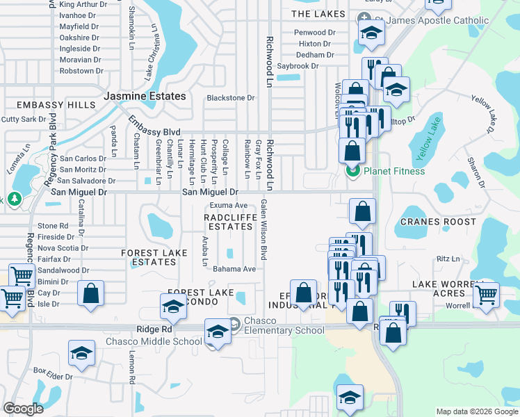 map of restaurants, bars, coffee shops, grocery stores, and more near 8920 Andros Lane in Port Richey