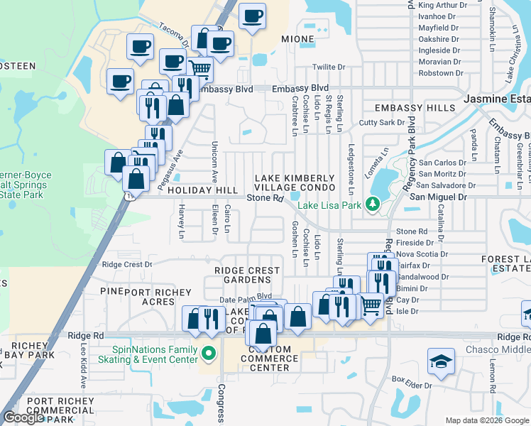 map of restaurants, bars, coffee shops, grocery stores, and more near 6633 Tripoli Way in Port Richey